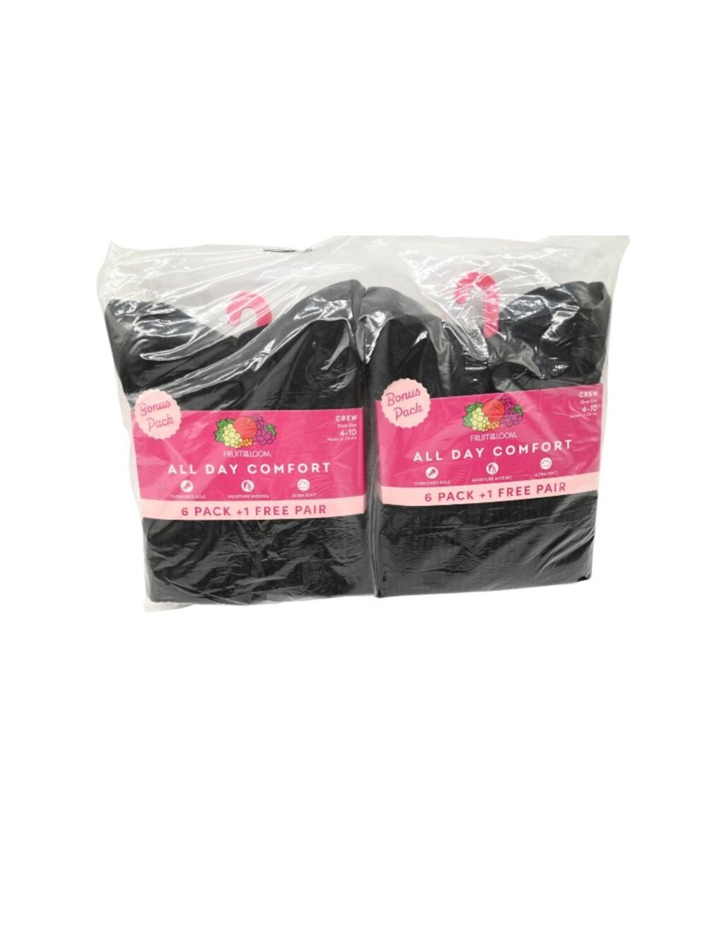 NIP Fruit of the Loom Lot of 2 7 Pack All Day Comfort Crew Socks Sz 4-10 Black